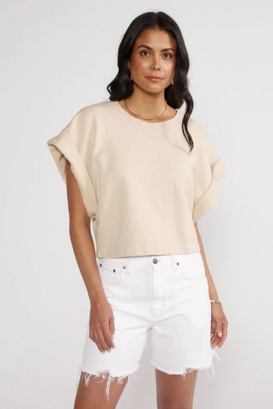 Etica Rhett Sweat In Sand Organic Cotton Short Rolled Sleeve Pullover S
